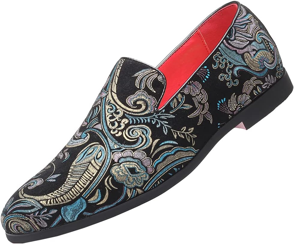 Santimon Men's Paisley Slip On Smoking Loafers Casual Business Formal Walking Relaxed Fit Lightweight Shoes Black 11 US