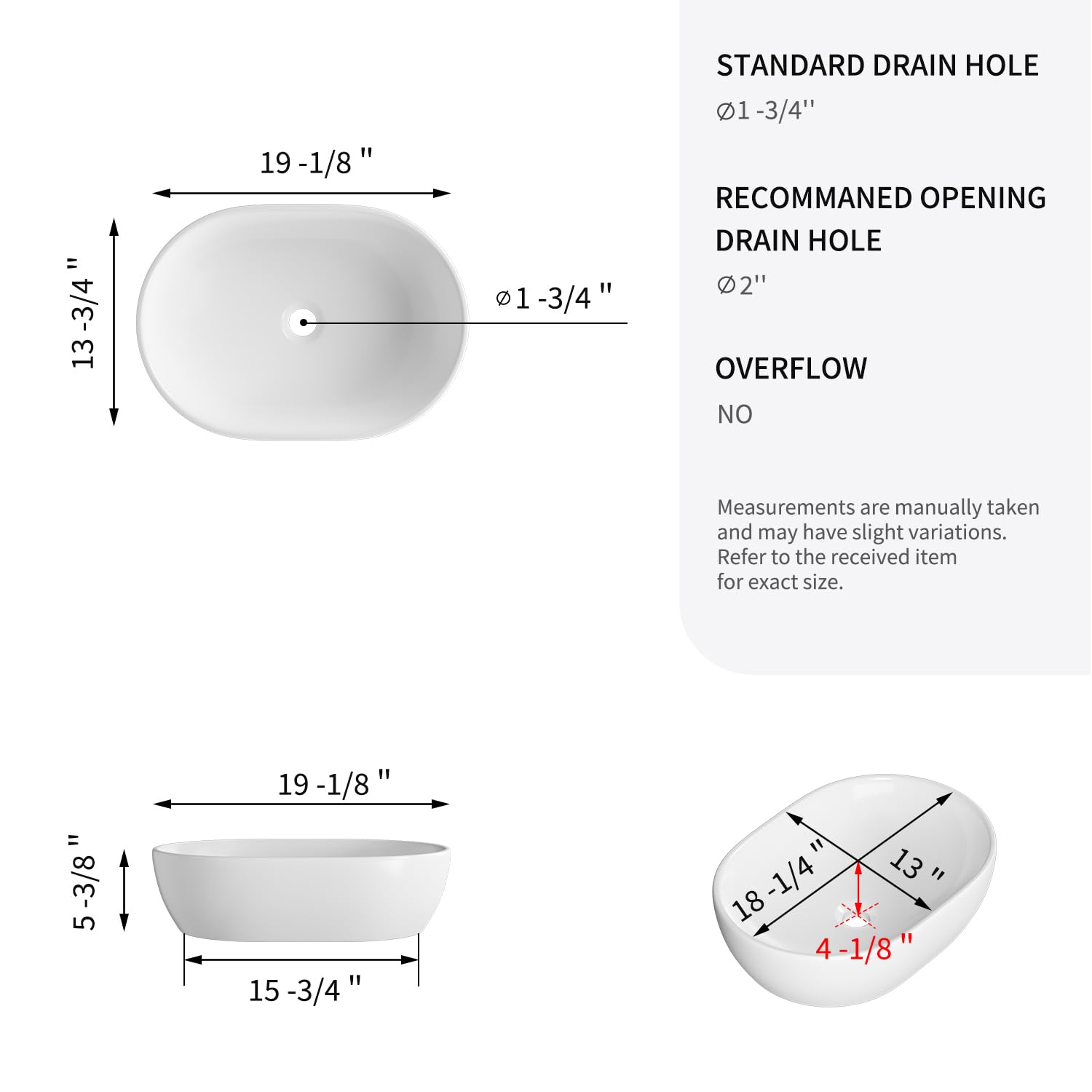 Fregaderos ovalados de 19 x 14 pulgadas para baño, lavamanos de porcelana blanca de cerámica para baño, fregadero moderno de encimera, lavabo de tocador, lavabo artístico