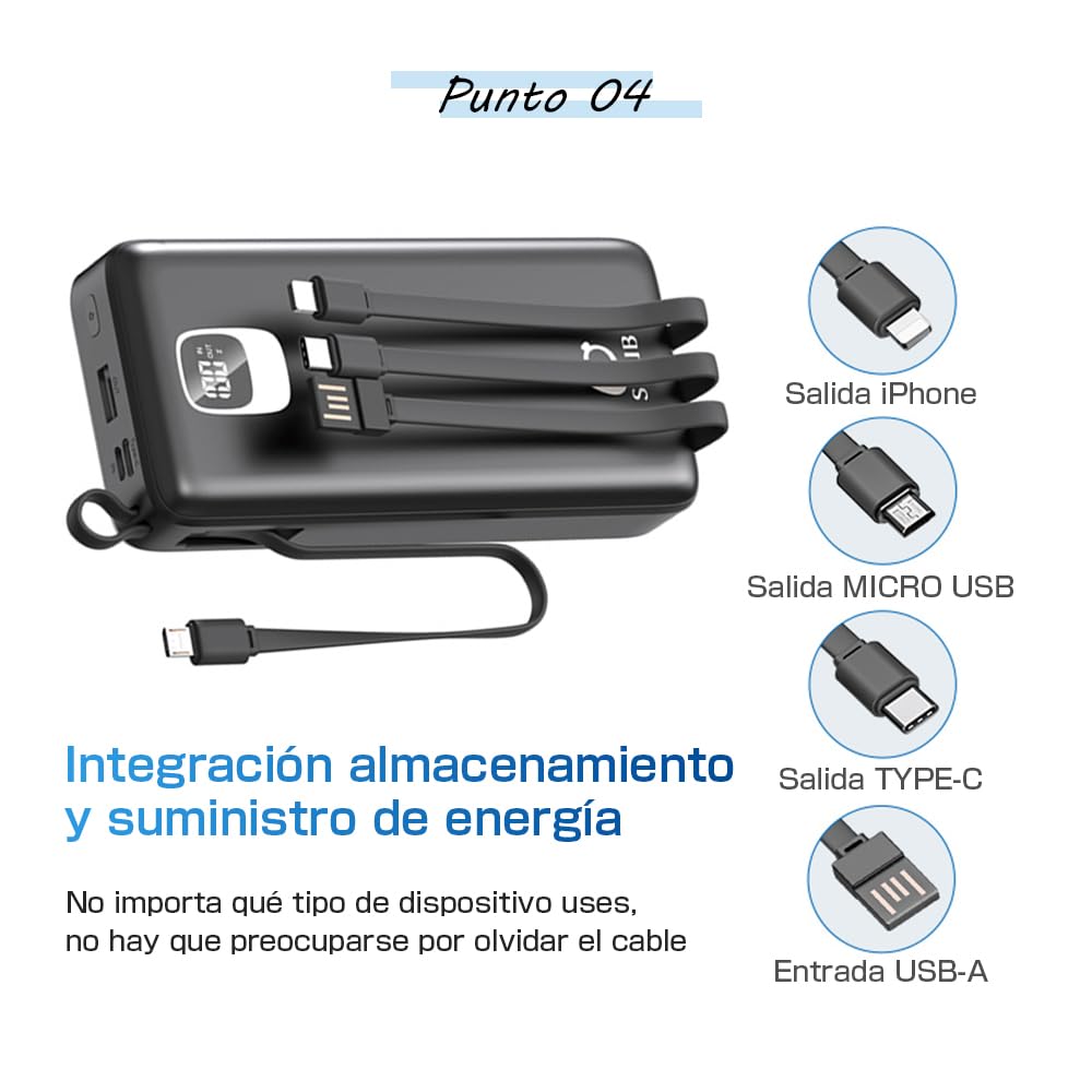 Power Bank 30000mAh Gran Capacidad–4 Cables Integrados(USB-A,Type-C,Micro,iOS)–Carga Rápida 2.1A,4 Dispositivos Simultáneos,Pantalla LED,Compatible,Certificación PSE,Emergencia Viaje,Blanco