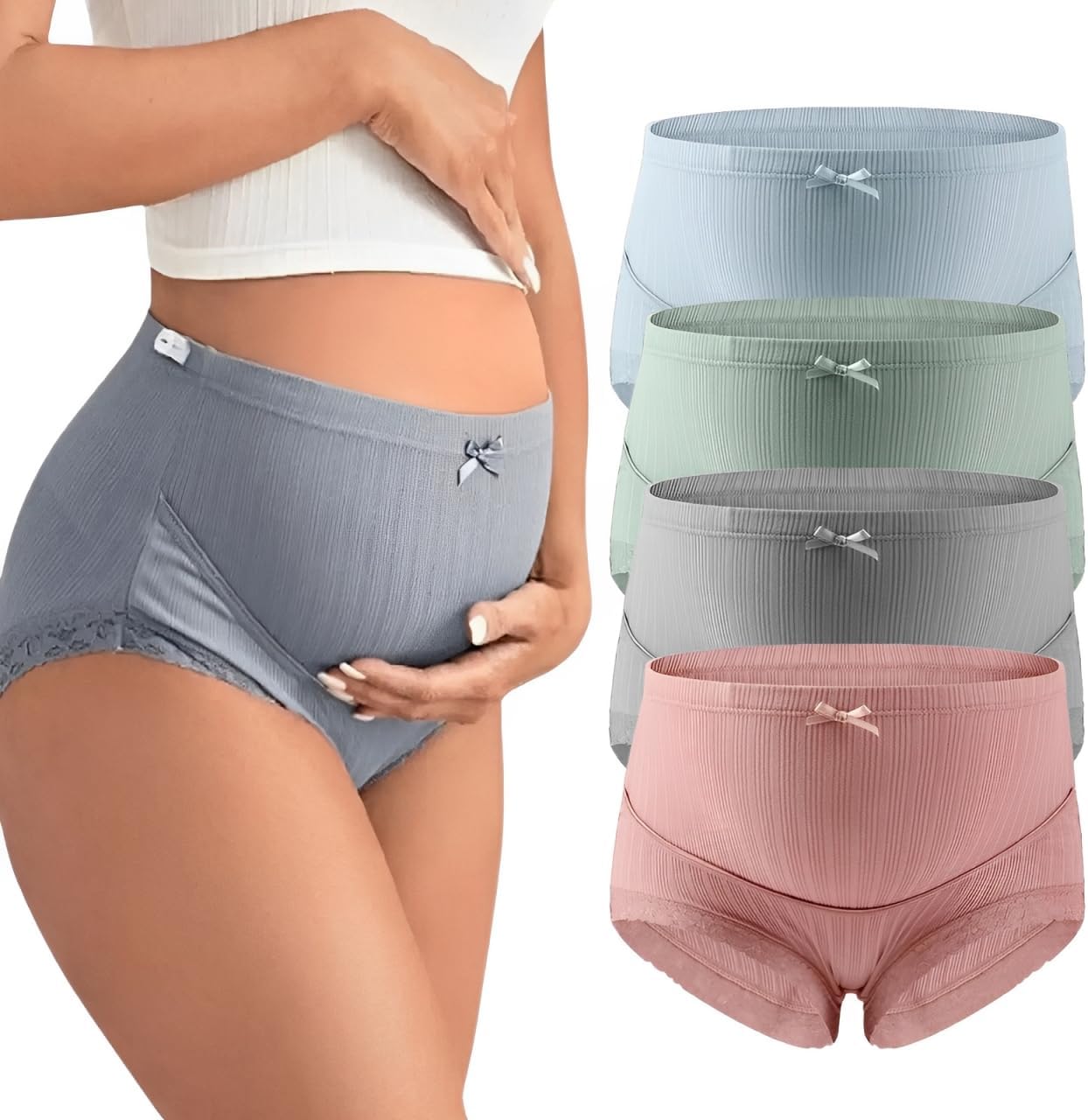 4 Pack Maternity Knickers for Women – Adjustable High Waist Cotton Over Bump Underwear with Lace Trim, Breathable Pregnancy Panties for Comfort & Support (XL)