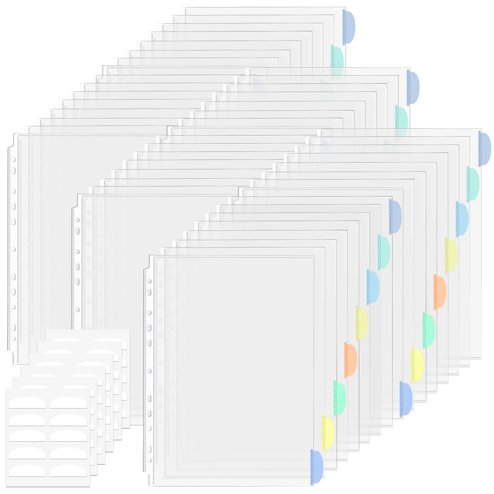 Vakki Buste Trasparenti A4 con Indice Colorato, Utilizzabili come Divisori per Raccoglitori A 4, Buste Porta Documenti A4 per Registri e Raccoglitori formato DIN A 4, 48 Pcs