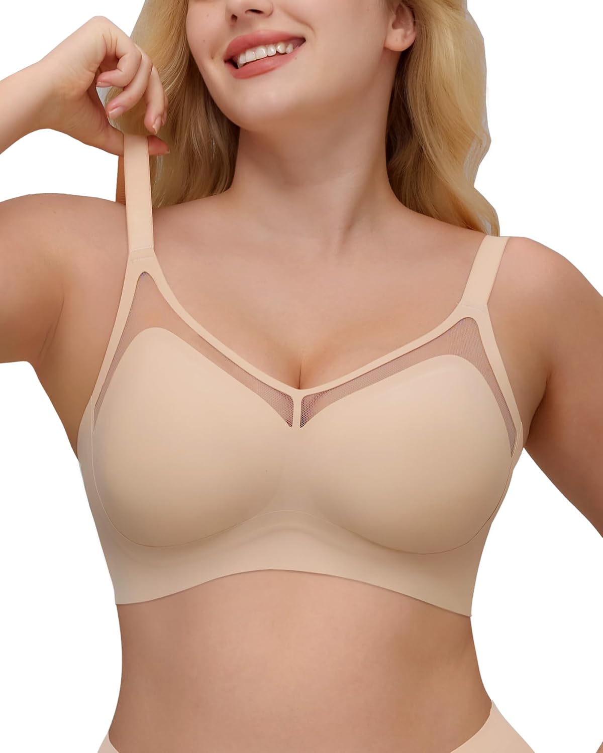 Womens Everyday Comfort Bra Full Coverage Wireless Bralettes Sexy Breathable V-Neck Mesh Soft Support Brassiere Beige 38DD