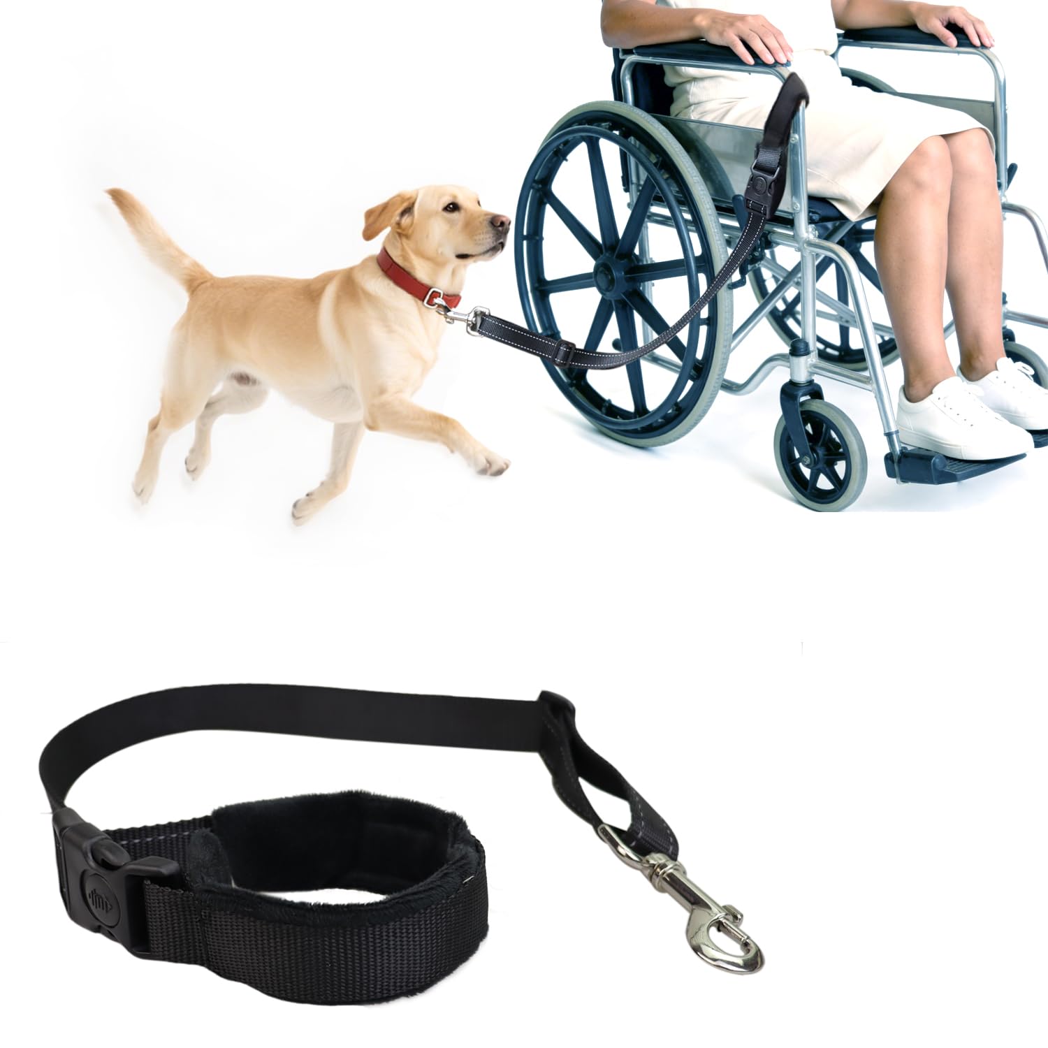 Reflective Wheelchair Dog Leash, Hands Free Short Adjustable Nylon Leash with Padded Handle for Wheelchair Users