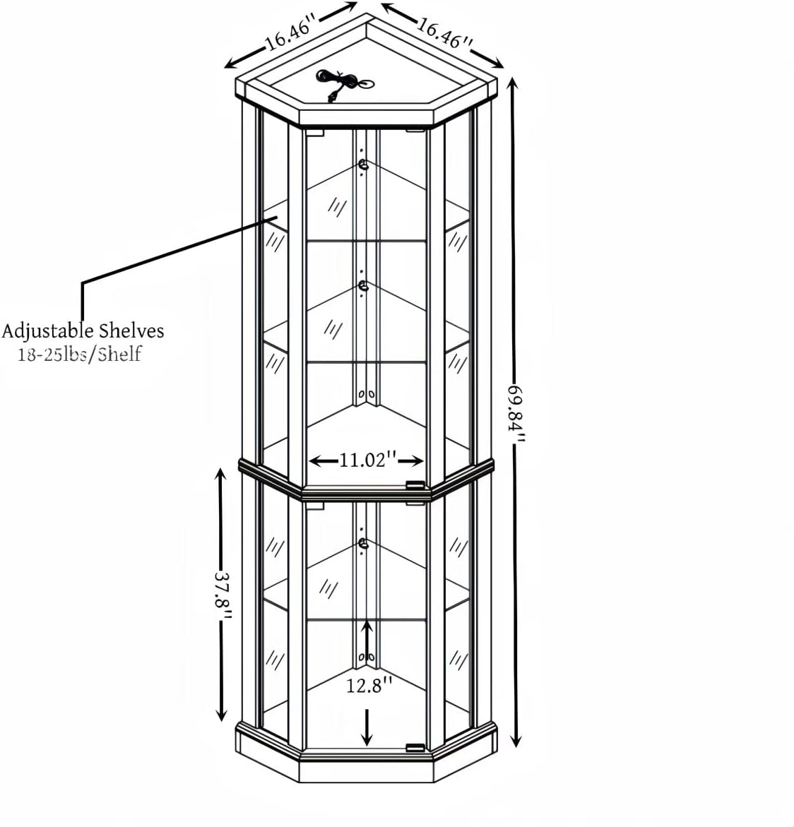 JIJIWANG 70" H Corner Glass Cabinet Lighted Curio Cabinet Corner Display Case for Living Room, Curio Cabinets, Antique Collection, Wine, Bar Glass Storage Light Included, (Dark Cherry)