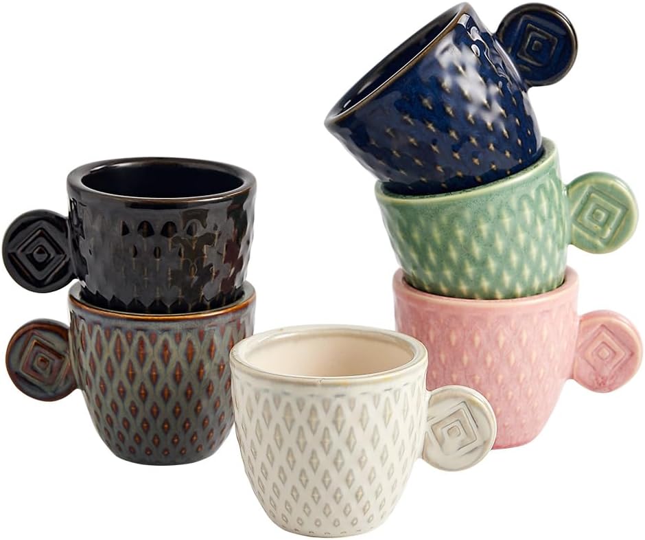 3 oz Ceramic Espresso Cups Demitasse Cups, Unique Embossed Vintage Glaze Small Espresso Coffee Cups Set of 6 (Mixed Color)