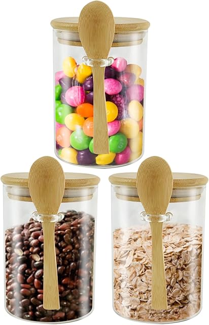 Surplex 3 Pcs Glass Jars with Airtight Lid and Spoon Sleeves Set for Storage, Overnight Oats Container with Lid, Bath Salt Containers 530ml, Decorative home Kitchen Jar for Coffee/Tea/Sugar/Spice
