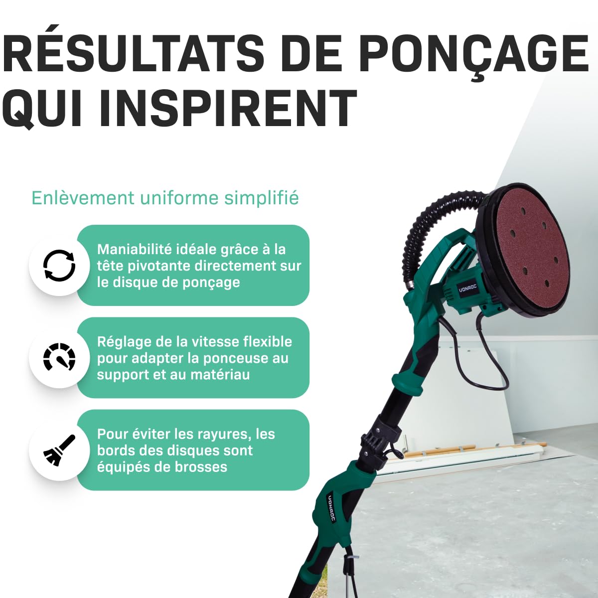 Ponceuse Girafe 1050W - Kit Professionnel Complet Nettoyage, 6 Papiers Abrasifs, Tuyau pour Aspirer Poussière - Ponceuse Mur et Plafond - Câble 4 Mètres, Tête Pivotante - Pour un Résultat Lisse
