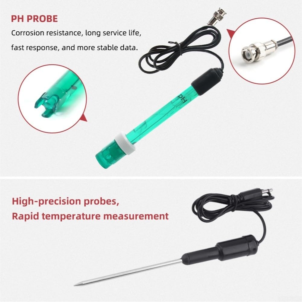 Alto medidor de pH digital y probador de temperatura 0 a 14 Ph Pantalla LCD grande Compensación automática para acuario pecera estanque rojo