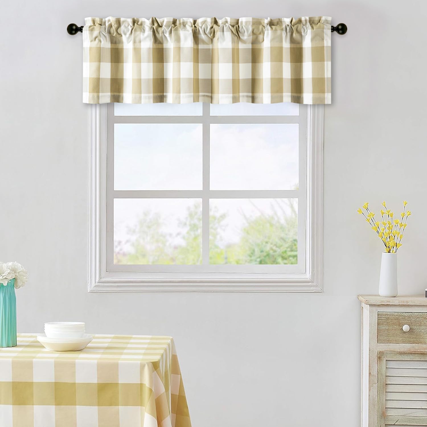 VOGOL Brown Plaid Jacquard Valance, Classical Buffalo Check Design, Light Filtering Window Curtain 52x12 Inch - Image 2