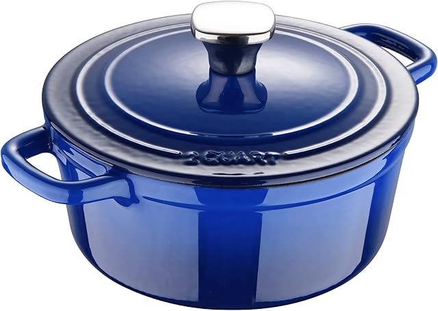 MasterPro Cast Iron Casserole Dish with Lid, Non-Stick, Legacy Enamelled Cast Iron Collection, Dutch Oven Cookware, Gorgeous Ombre Design on the Cookware, 2 Quart, 1.9L, Blue