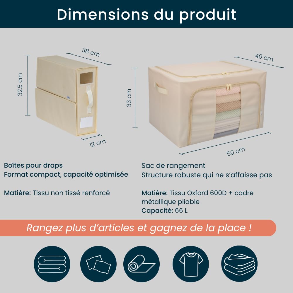 Rangement Parure de Lit, 3 Boites Draps + Sac Rangement à Cadre Métallique