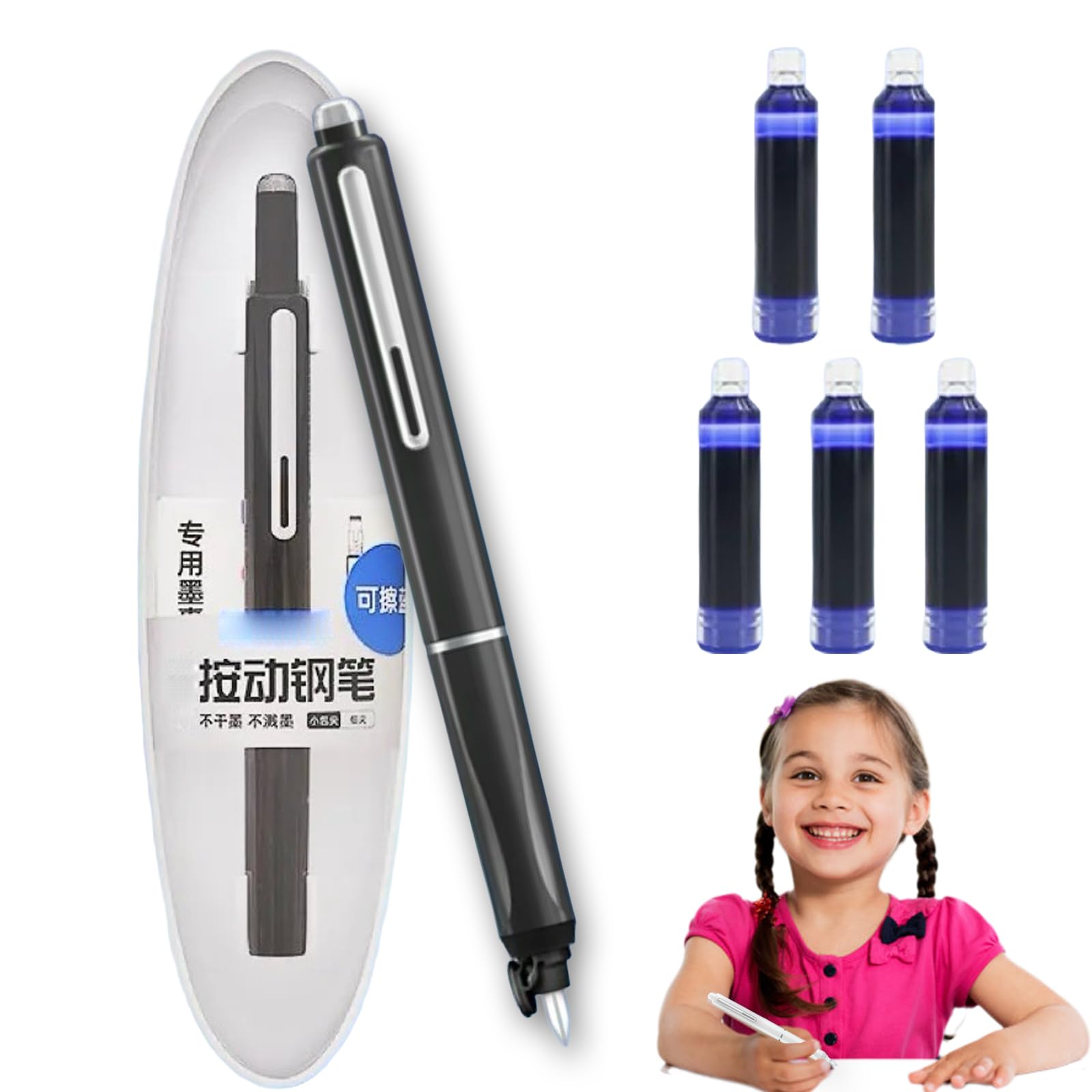 Fountain Pen Retractable:0.38mm Blue&black Ink Transparent Barrel Includes 5 Refillable Ink Cartridg, Smooth Writing No Leaking Gift Set for Calligraphy Journaling Doodling (Black)
