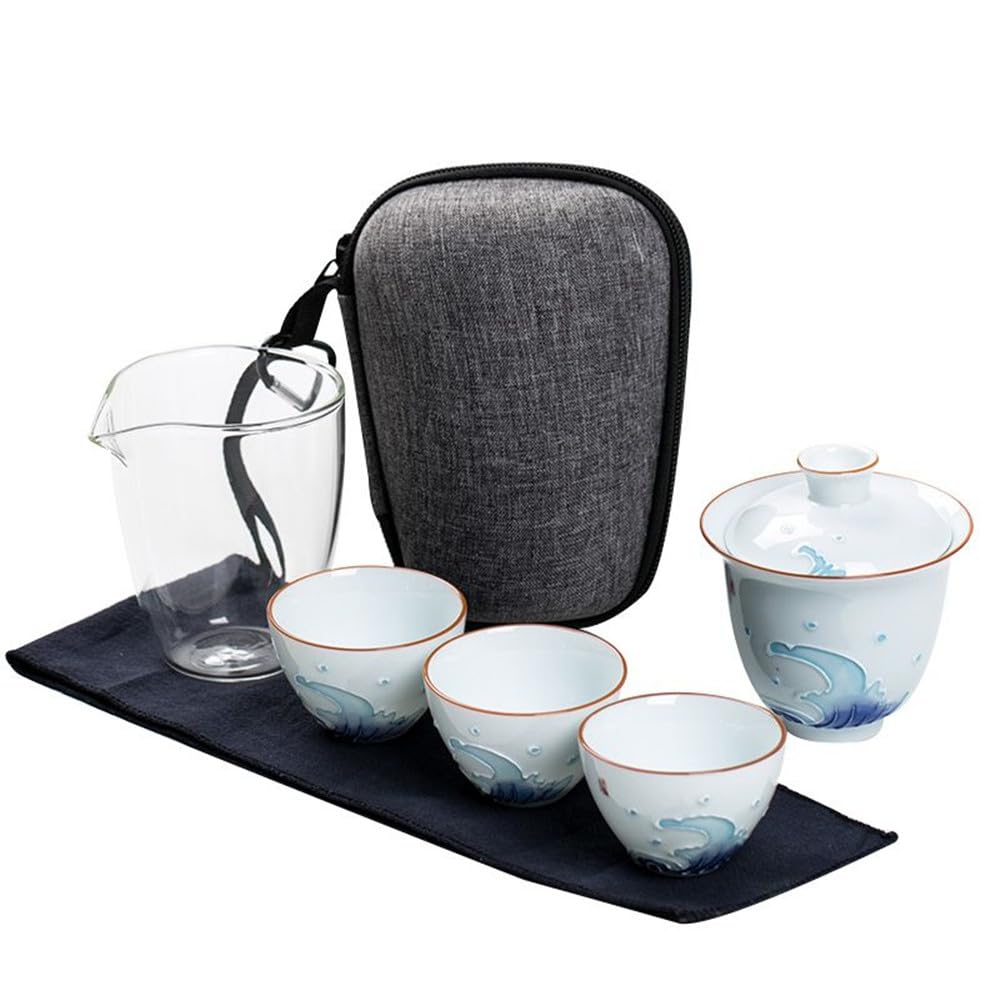 Daguys Blue Portable Travel Tea Set Kung Fu Tea Set Ceramic Teapot Porcelain Teaset Gaiwan Outdoor Tea Cups Set With 3 Cups Gifts,