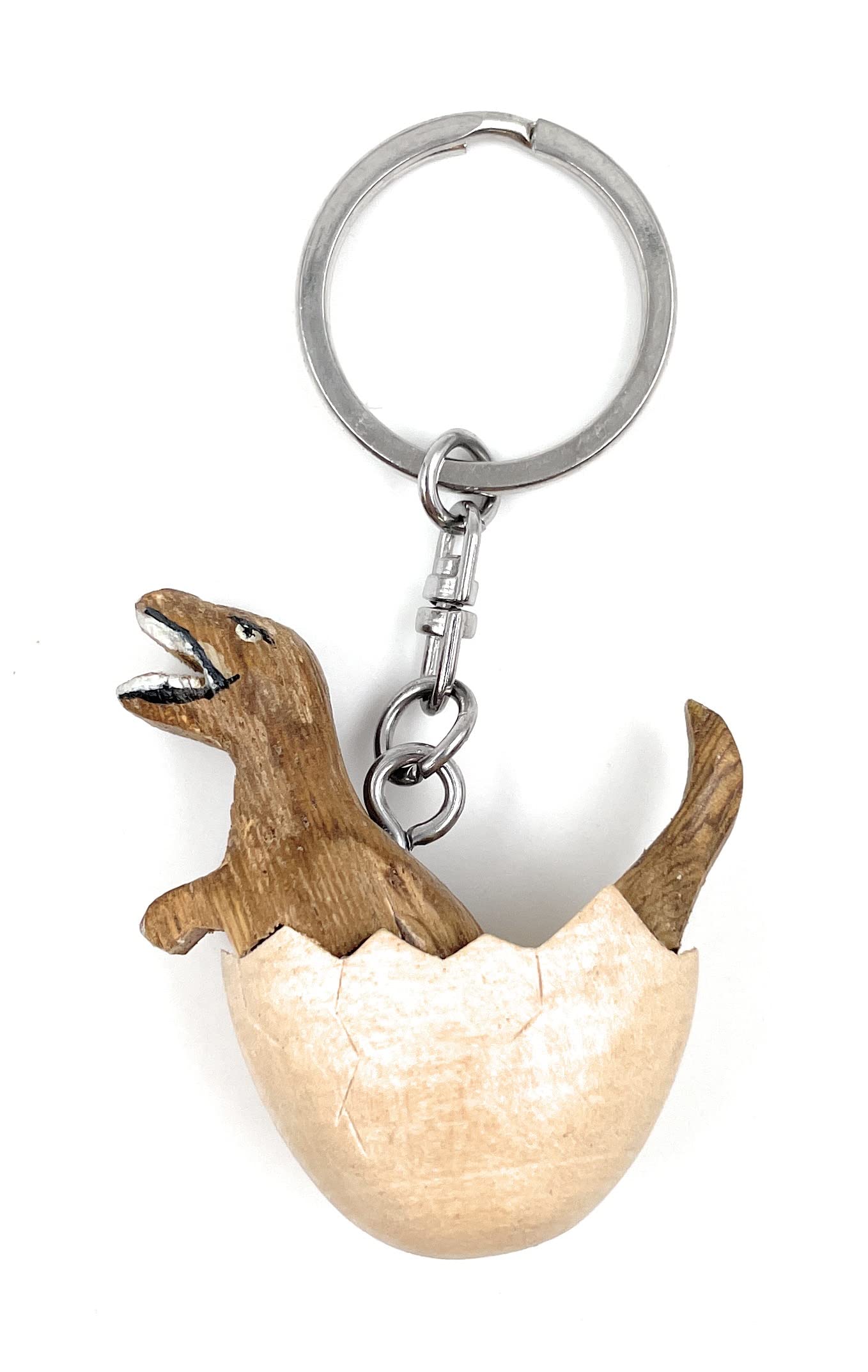 Onwomania Unisex Brown Dinosaur Trex In Egg Handmade Wooden Keyring Lucky Charm In Aluminium Gift Box, Ideal As A Gift, One Size