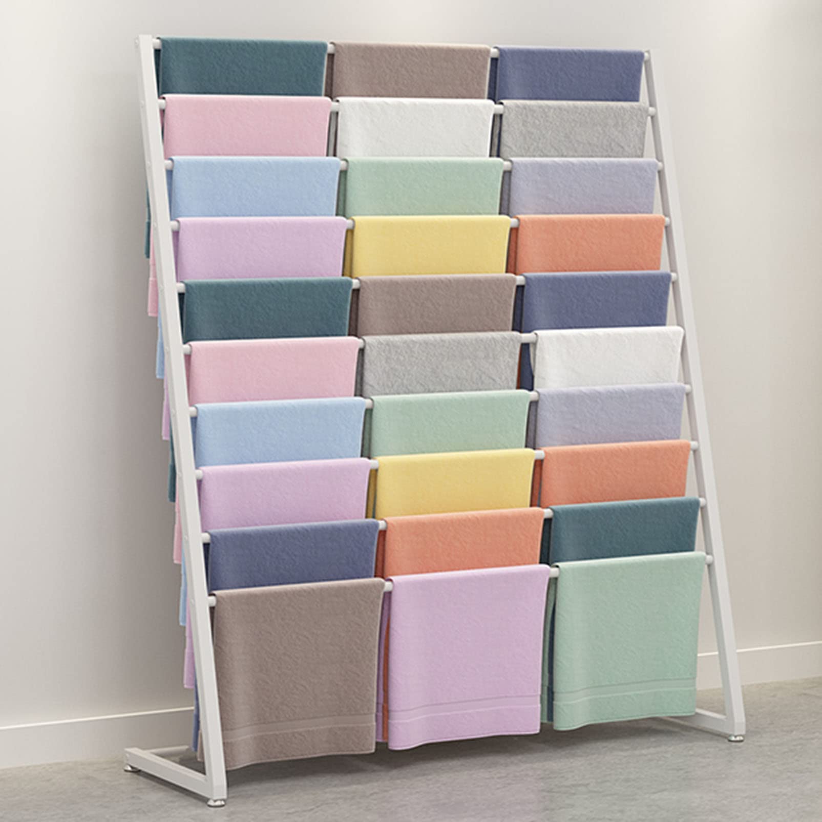 HPTHLY Freestanding Scarf Shelf Metal Retail Display Stand, Commercial Garment Rack Pants Hanger Shawl Organizer, Flower Wrapping Paper Holder Tie Scarves Belt Rack, Space-(White-80×40×145Cm)