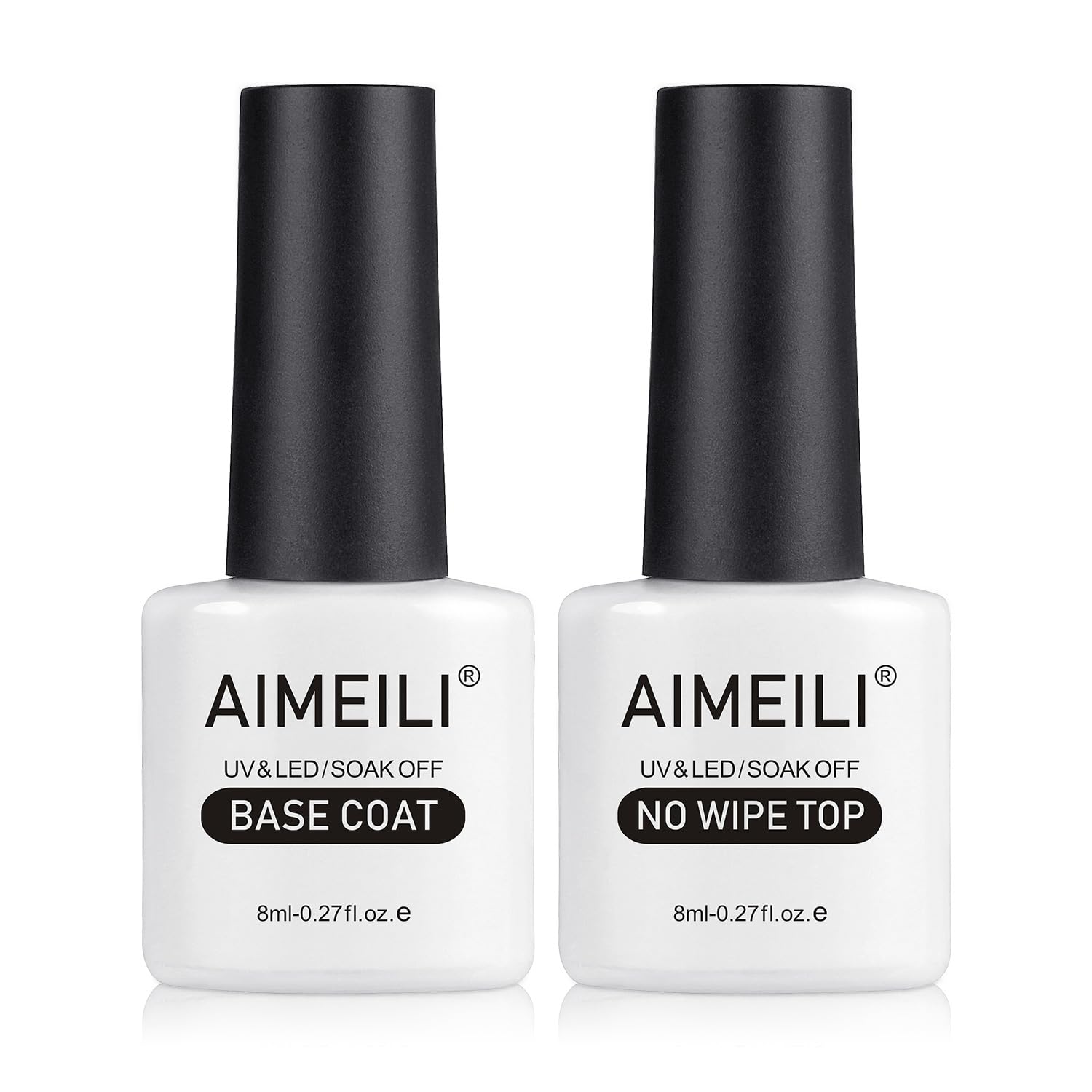 AIMEILI Soak Off U V Gel Nail Polish Base Coat and No Wipe Top Coat Set (2x8ml), Upgraded Formula Long Lasting Mirror Finish Gel Polish