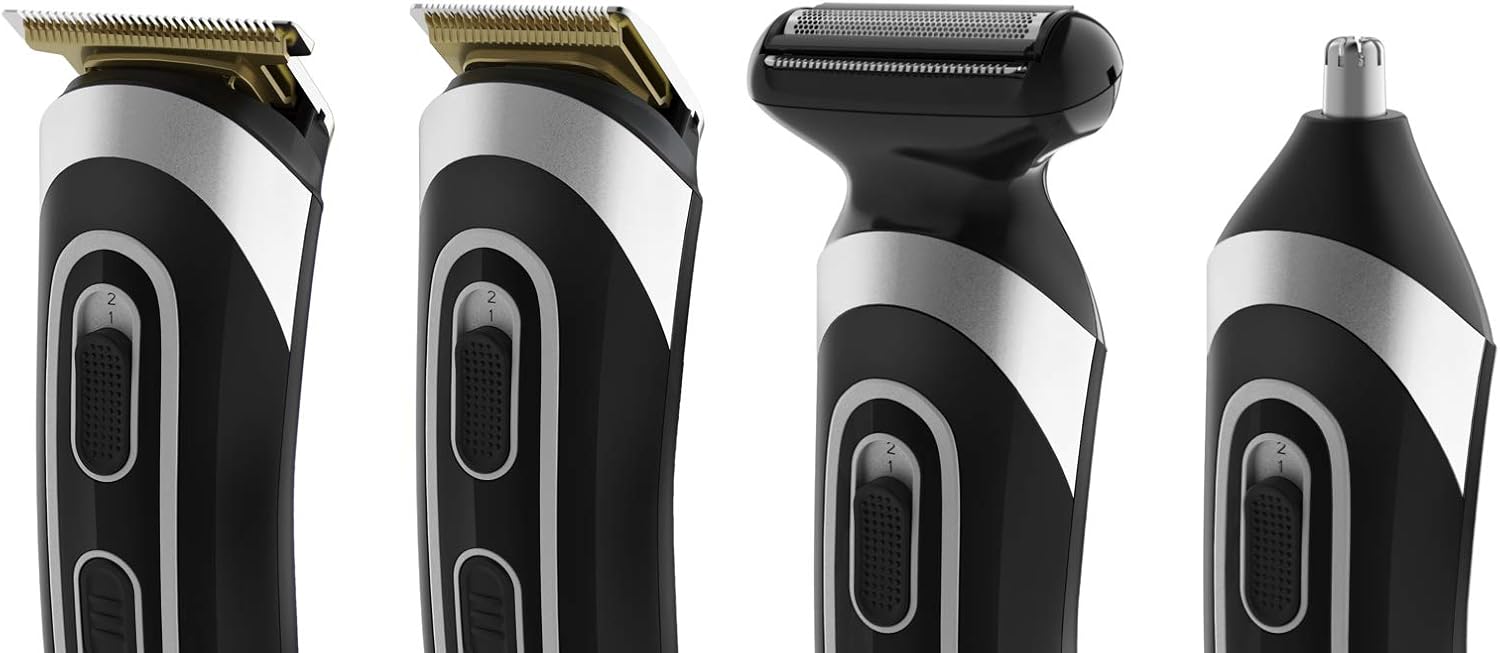 Close-up view of four different interchangeable trimmer heads: a standard hair/beard trimmer blade, a precision trimmer blade, a foil shaver head, and a nose/ear hair trimmer head.