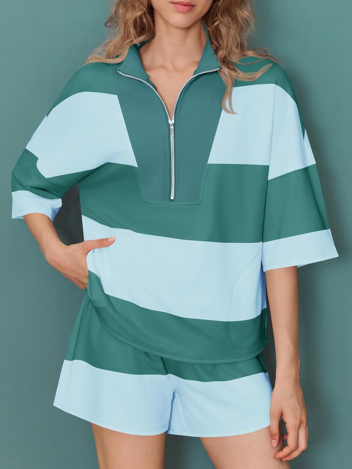 Fisoew Womens 2 Piece Outfits Summer Striped Sweatshirt Workout Shorts Sets Matching Lounge Set Tracksuits - Image 3