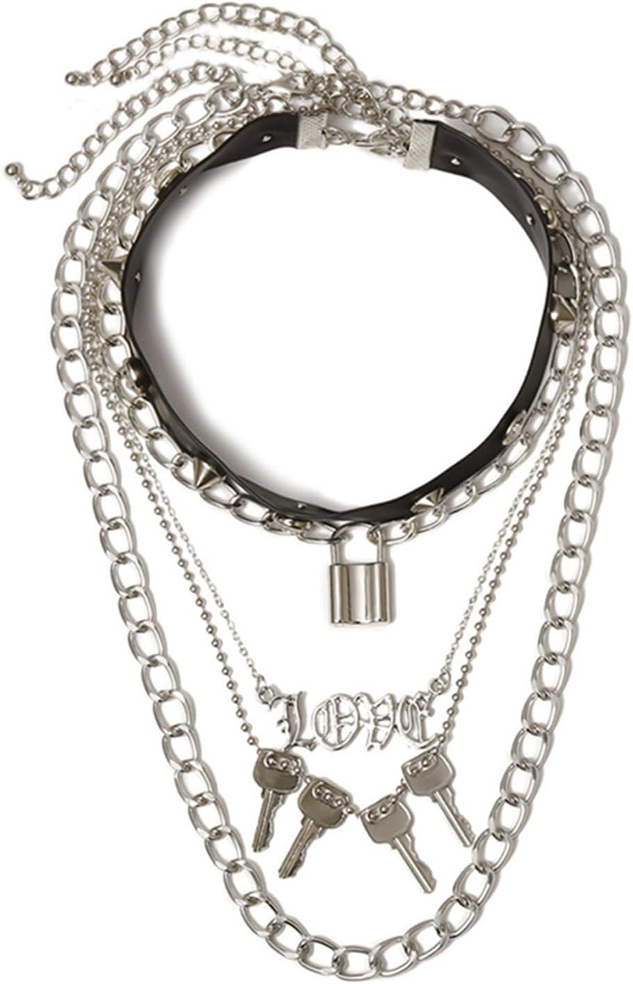 Caiyao 3-5Pcs Punk Layered Key Lock Chunky Chain Choker Necklace Set Gothic Stacking Safety Pin Spike Rivet Collar Necklace for Men Women Hip Hop Rock Cool Adjustable Bar Party Jewelry