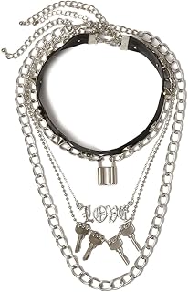3-5Pcs Punk Layered Key Lock Chunky Chain Choker Necklace Set Gothic Stacking Safety Pin Spike Rivet Collar Necklace for Men Women Hip Hop Rock Cool Adjustable Bar Party Jewelry