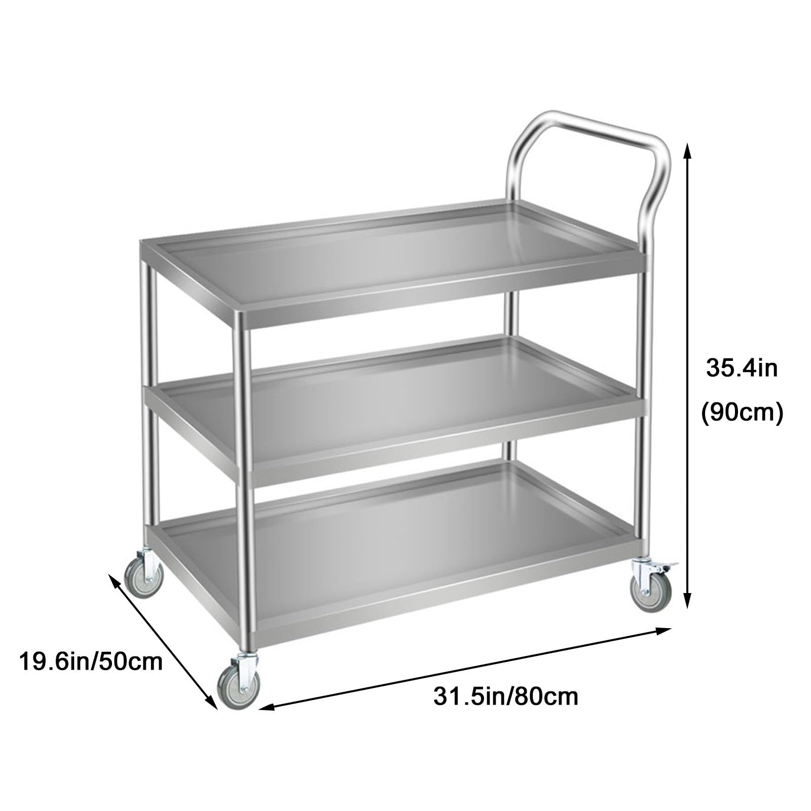 Chariot à roulettes utilitaire en acier inoxydable avec finition polie et 2 roues verrouillables pour cuisine, restaurant, hôtel, utilisation à domicile, triple couche, 80 x 50 x 90 cm