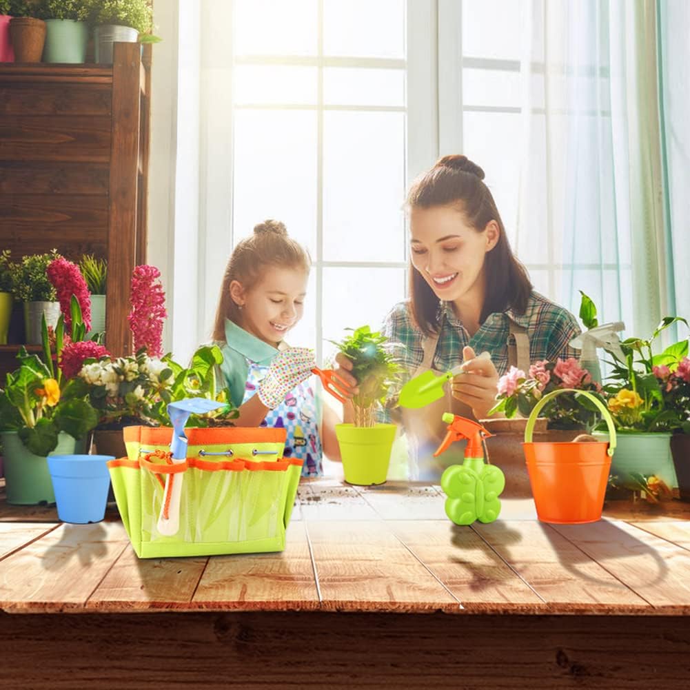 Kids Gardening Tools Kit Children Garden Toy Includes Tote Bag, Spade, Watering Bucket, Spray Bottle, Flower Pot, Apron, Rake, Plant Marker, Fork, Rake and Gloves