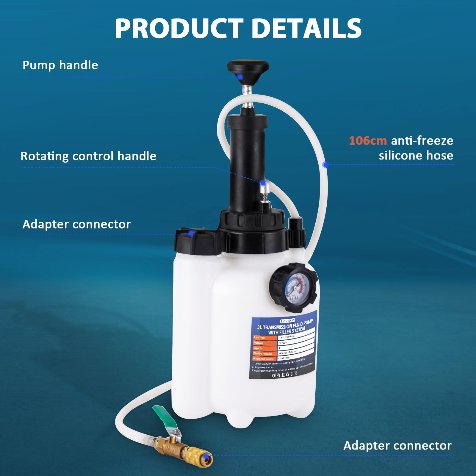 BAOSHISHAN Pompa di riempimento dell'olio 3L Pompa di trasferimento dell'olio del cambio Pompa del fluido di trasmissione del sistema di riempimento manuale con adattatori di riempimento 8pcs