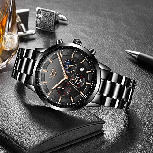 LIGE Mens Watch Fashion Sports Chronograph Waterproof Analog Quartz Stainless Steel Strap Casual Watch