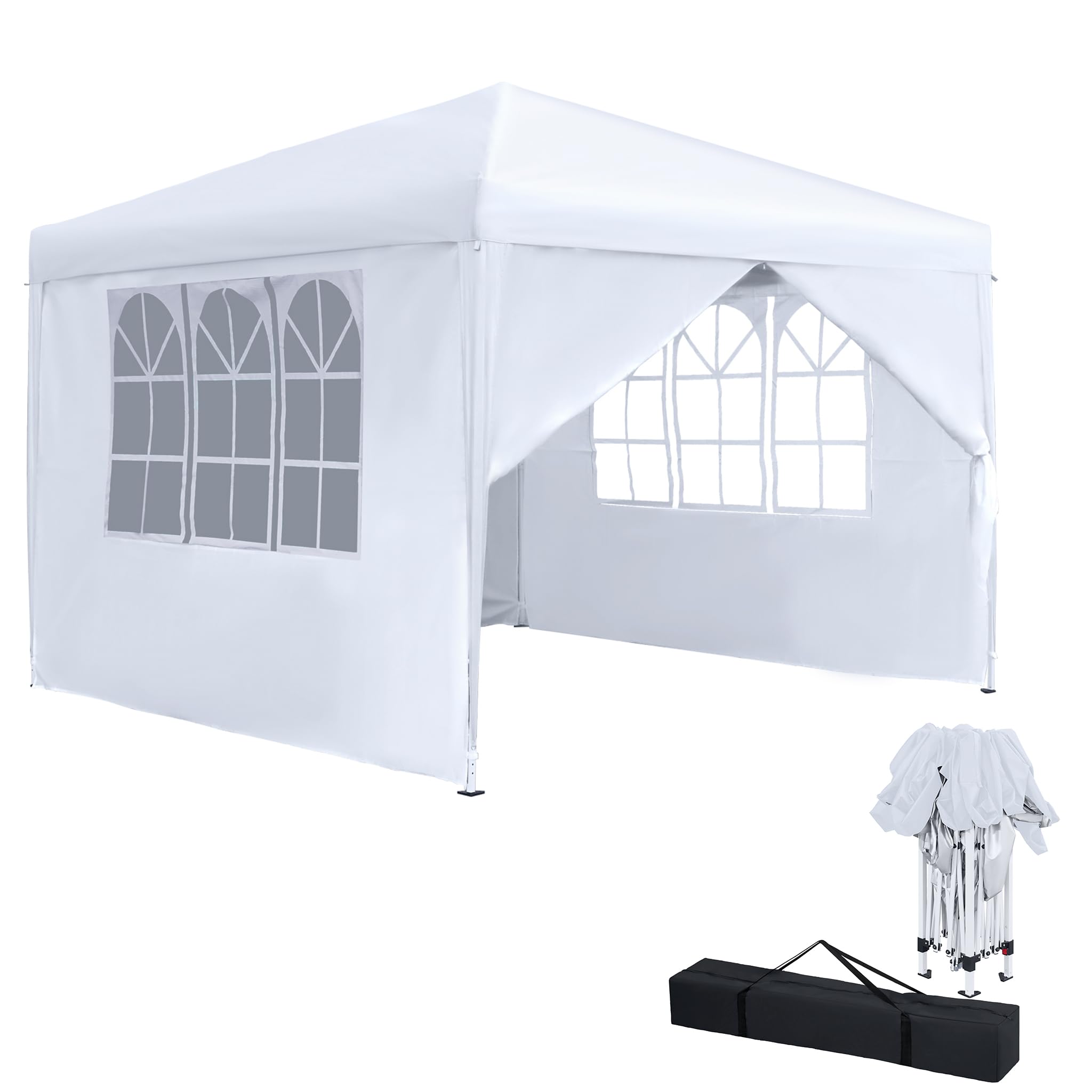 YRHome Gazebo pieghevole pop-up, gazebo pieghevole, 3 x 3 m, impermeabile, resistente all'inverno, stabile, protezione UV, con 4 parti laterali e finestre tenda per feste all'aperto, colore bianco