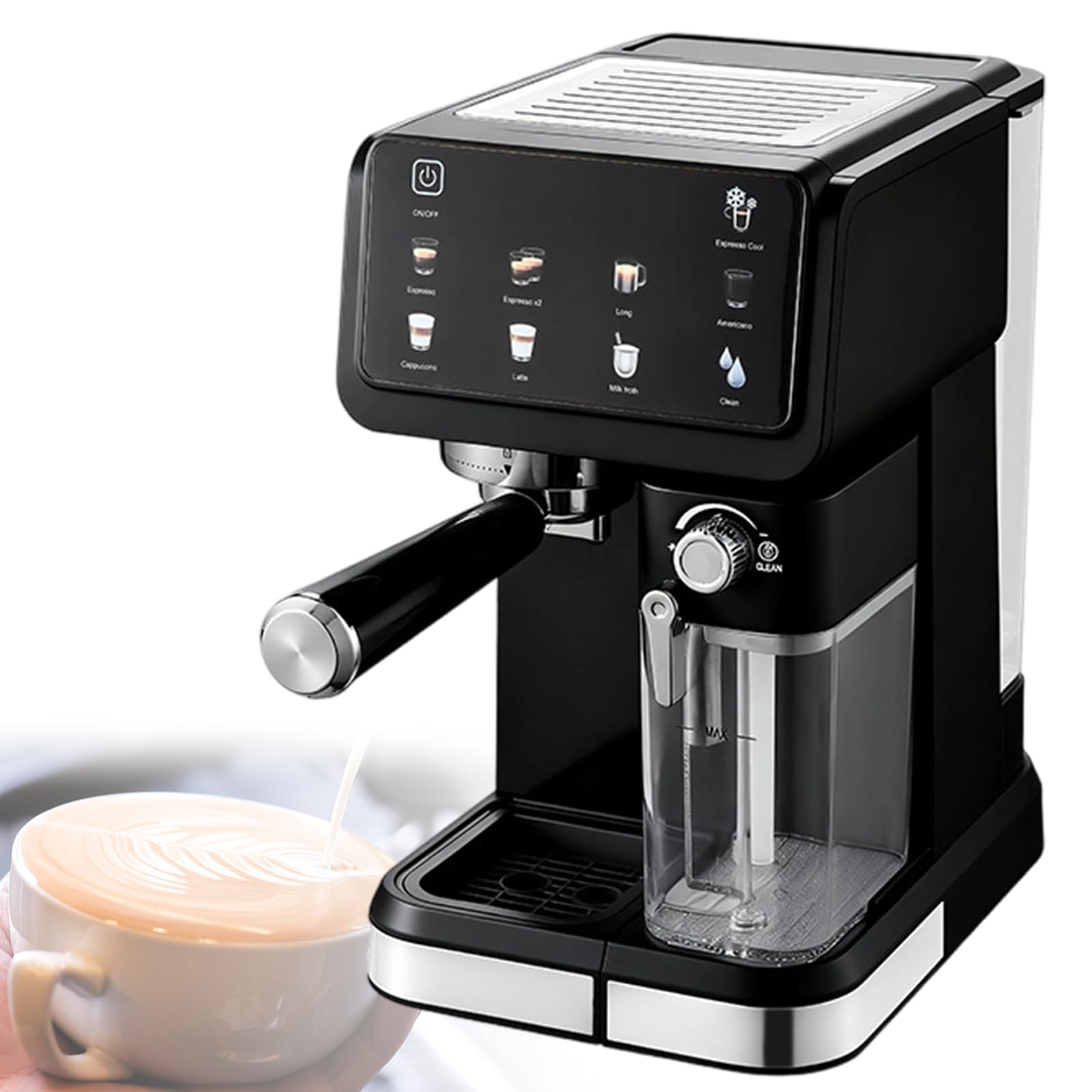 Xjleftonomie 1350w 20 Bar Coffee Maker, Compact Stainless Steel, Constant Temperature Extraction 1.5l Water & 500ml Milk Tank, Touch Panel, Cappuccino Latte Mode Black