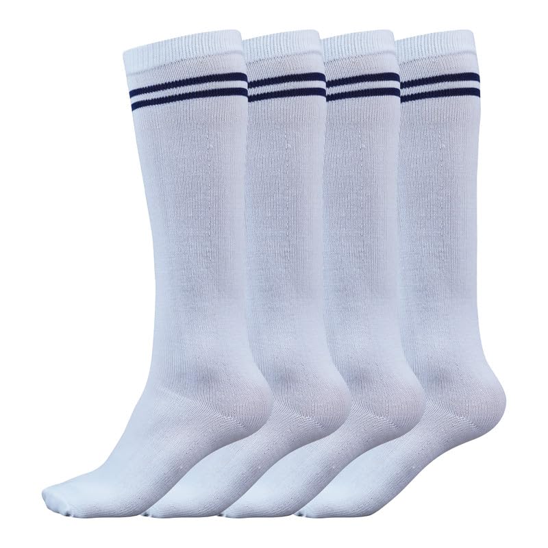 WKLOUYHE Kids school socks for boys and girls,Knee Long Length soft cotton uniform Stripes socks_Pack Of 04(StripNavy-White,8-9 Years)