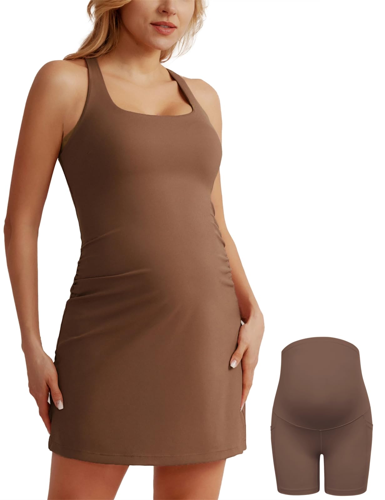 Maacie Maternity Tennis Dress with Shorts and Built in Bra Scoop Neck Sleeveless A-line Workout Golf Dress with Pockets