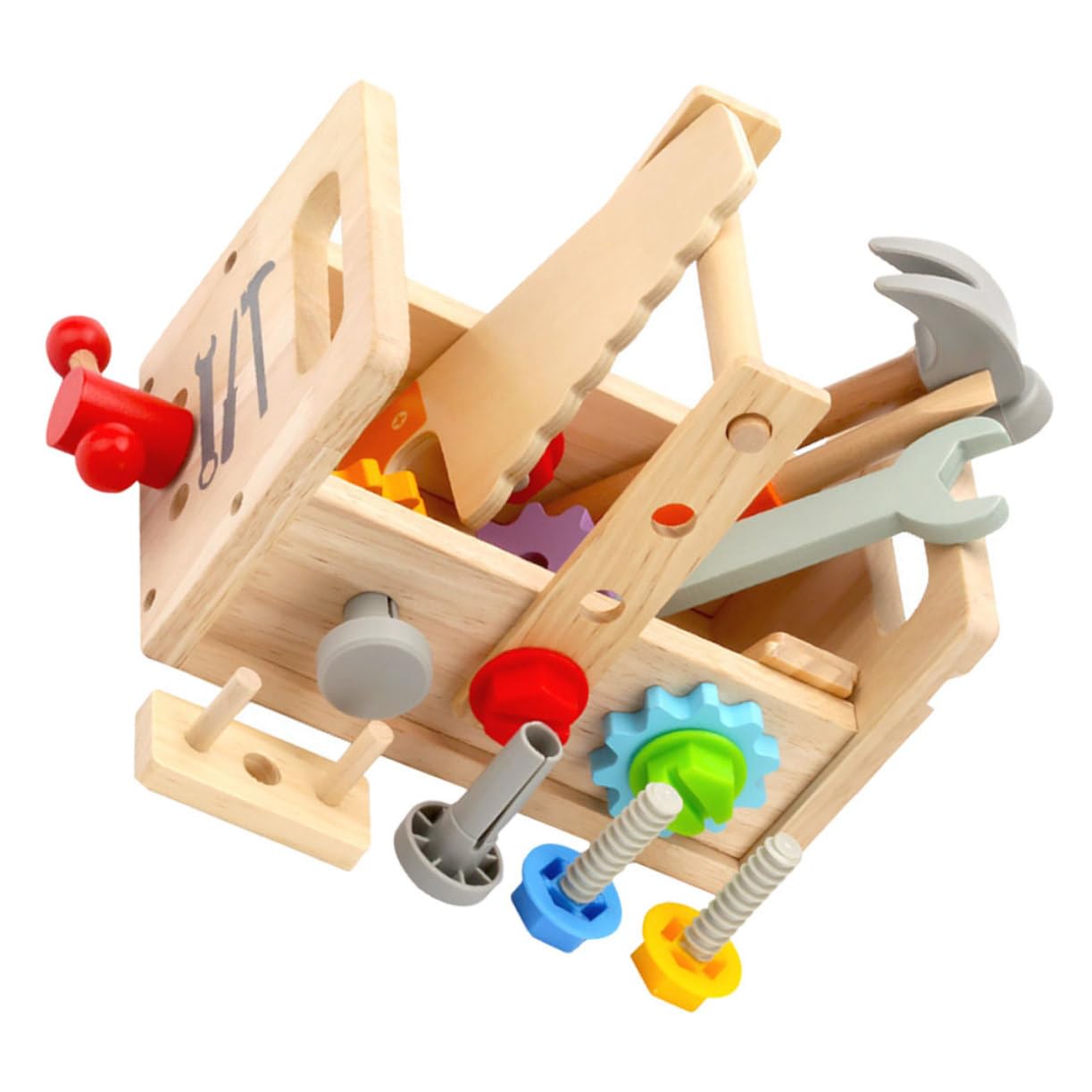 VICASKY Set di Strumenti in Legno per Bambini Superficie Liscia, Valigetta Portatile Martello e Cacciavite, Gioco Educativo per Apprendimento Interattivo e Gioco di Finzione