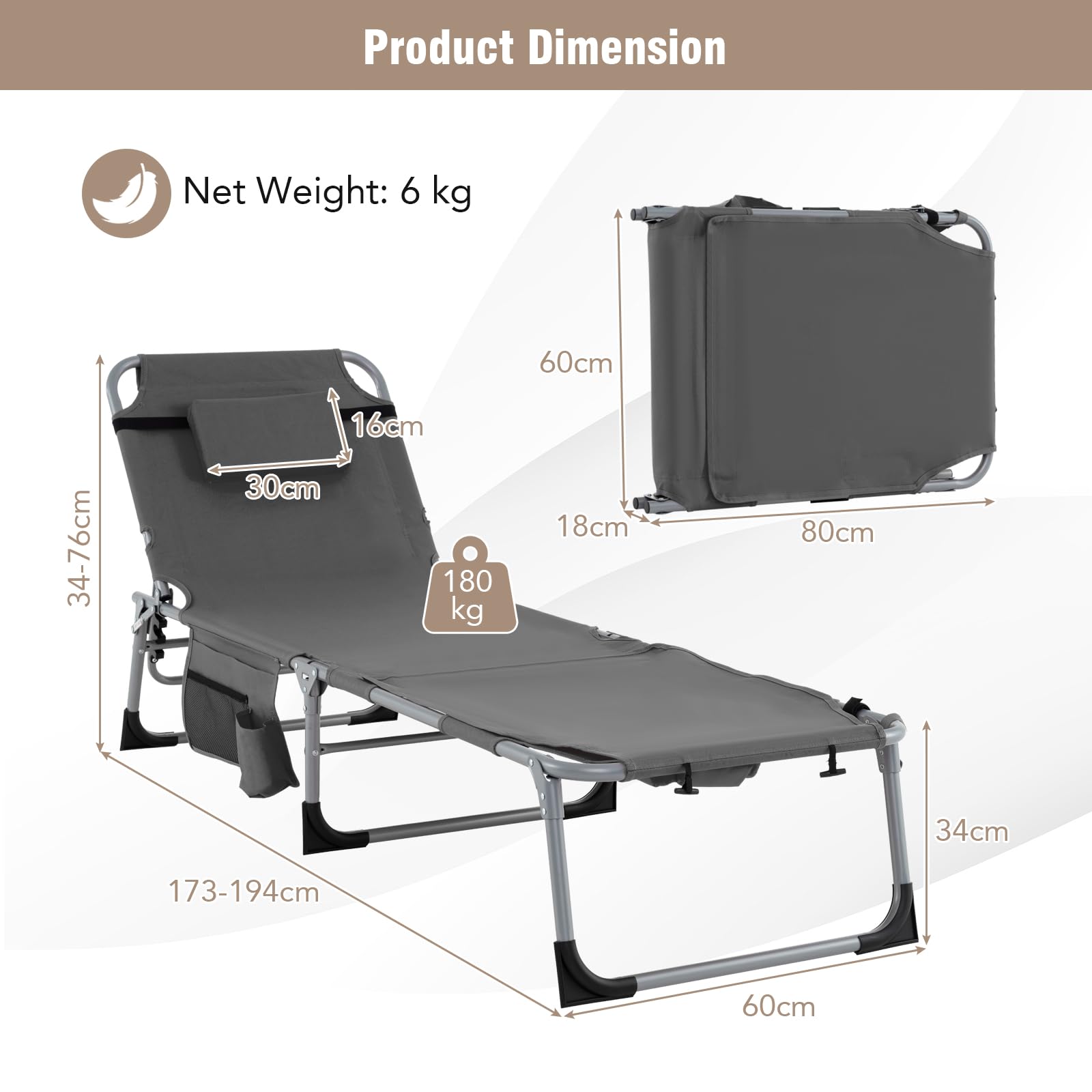 GIANTEX Silla de Bronceado Plegable con Agujeros para la Cara y Las Sisas, Silla Reclinable en 5 Posiciones, para Exteriores, con Cojín y Bolsillo Lateral, Tumbona de Camping con Correa (Gris)