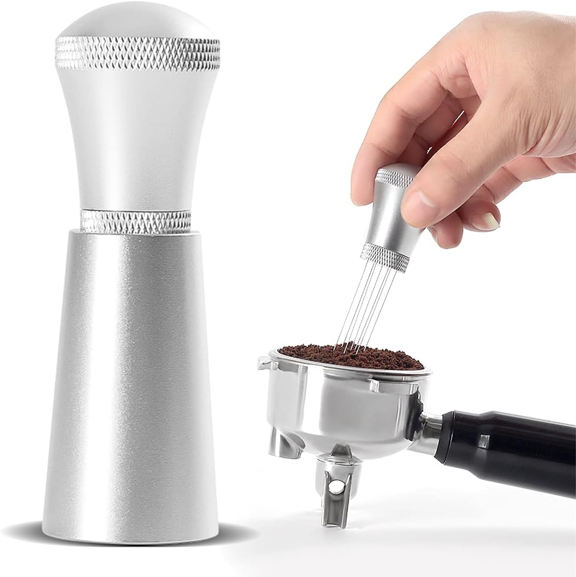 Coffee Distribution Tool, Coffee Needle Distributor, 0.3mm Thick Stainless Steel 7 Needles Tool Coffee Distribution for Barista (4 Replacement Needle) (Silver)