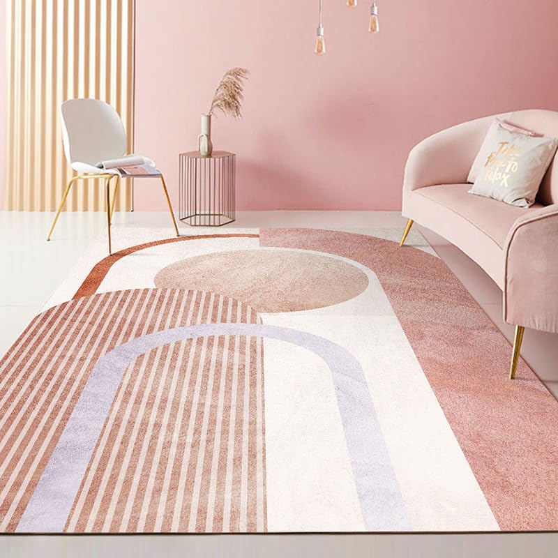 Teppich Wohnzimmer 80 x 160 cm Weicher Kurzflor,Anti Rutsch Waschbar,für Schlafzimmer Esszimmer küche Modernes Patchwork Geometrisch Rosa