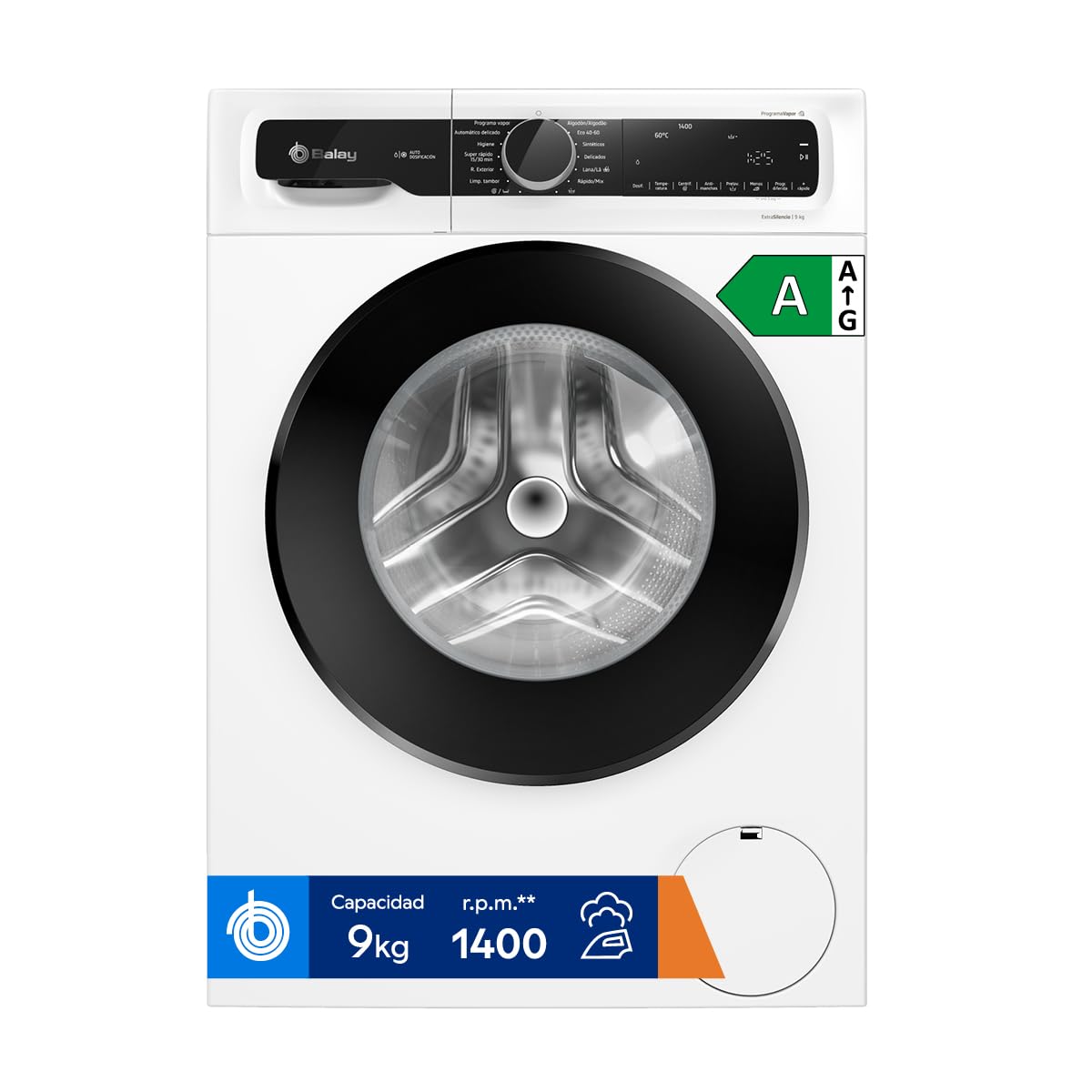 Balay - Lavadora, 9 kg, Carga Frontal, Autodosificacion, Display LED, ProgramaPlancha, antimanchas, Programa rápido, 1400 r.p.m., Blanco, 3TS395BDS