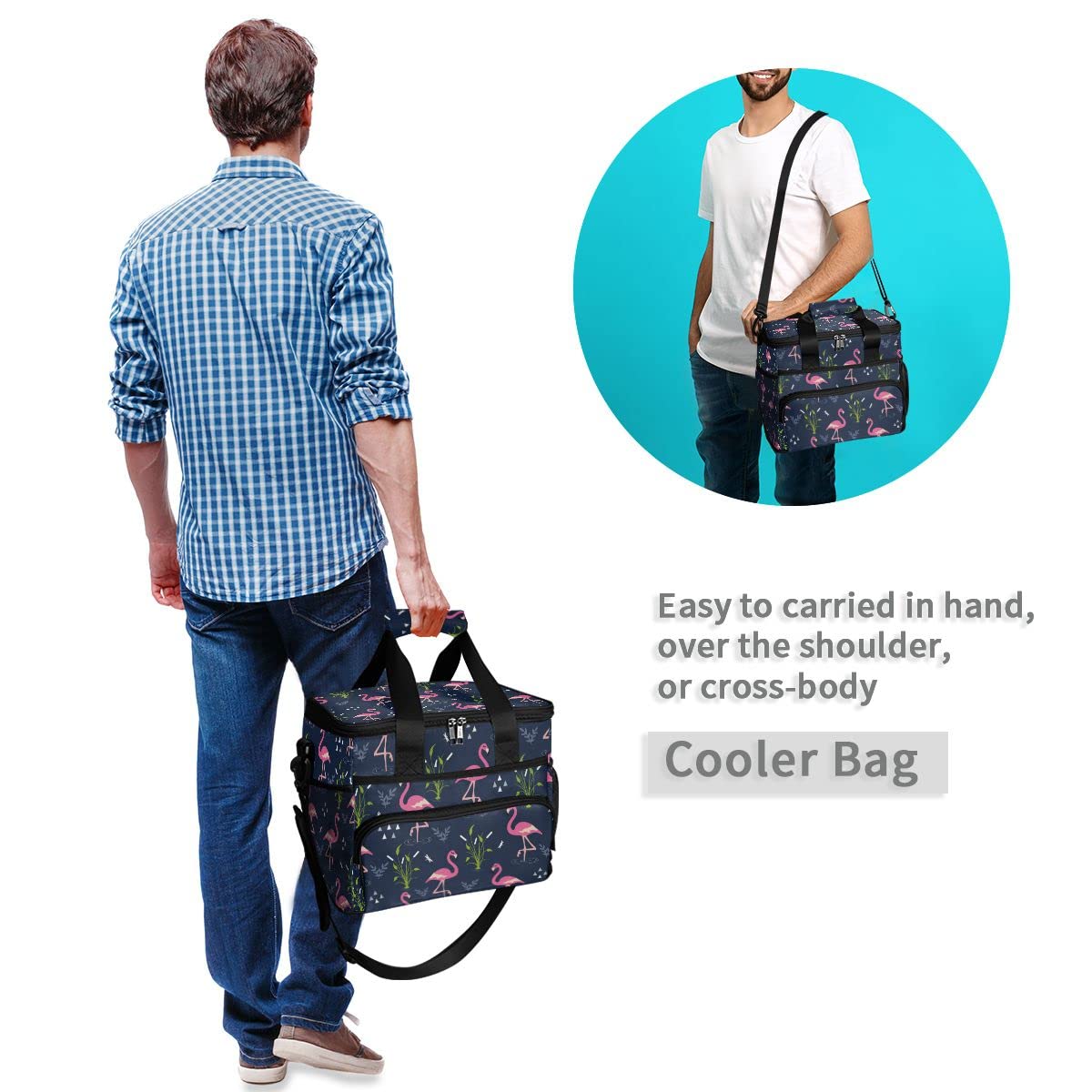 Bolsa de picnic de 15 L, 24 latas, bolsa de almuerzo aislada con flamenco, bolsas para viajes, camping, barbacoa, actividades al aire libre, asas, correa para el hombro