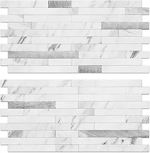 AULIGET 20 Sheets Faux Stone Peel and Stick Backsplash, White Marble Look PVC Wall Tiles Stick on Backsplash for Kitchen