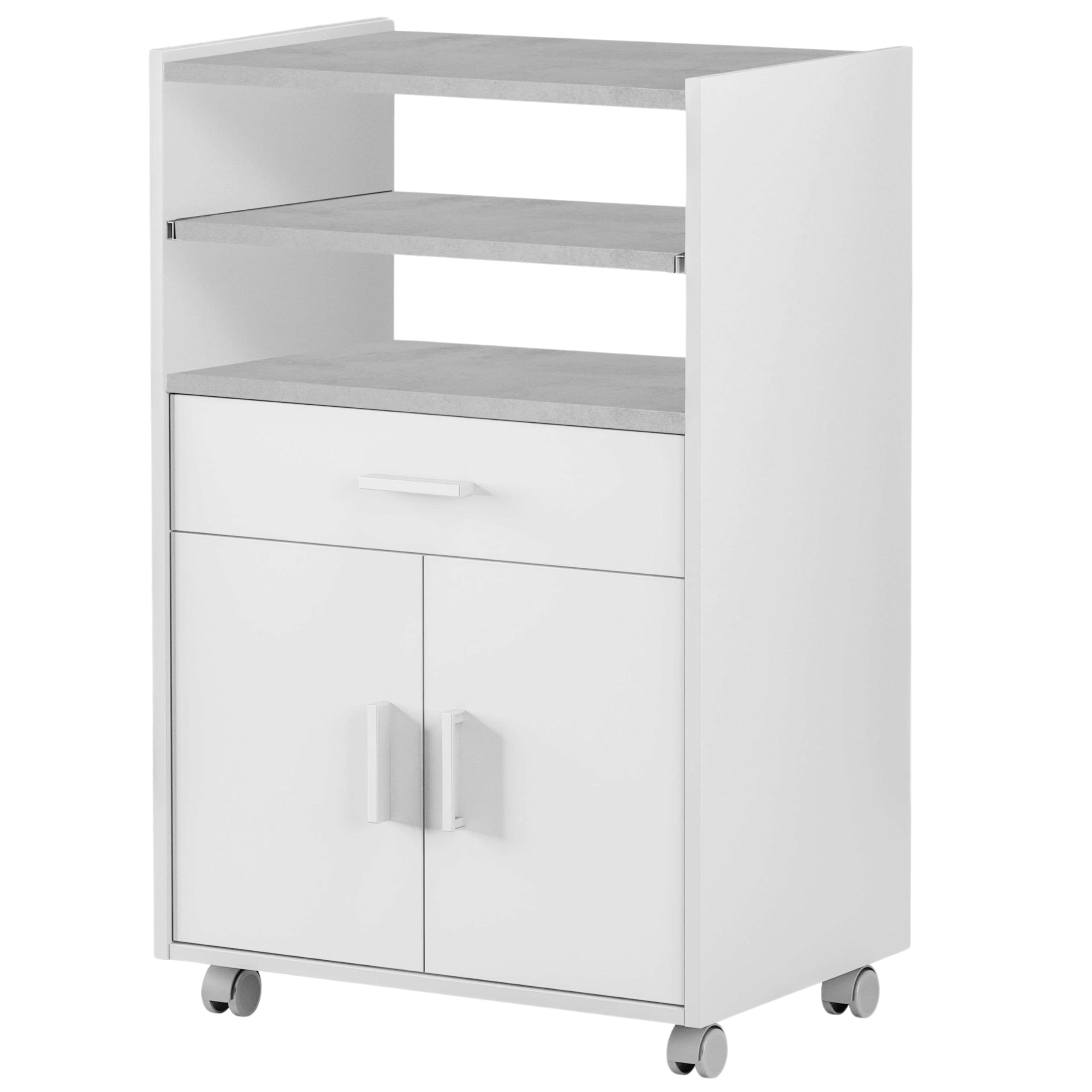 Habitdesign Armadietto ausiliario per microonde, tavolo da cucina con cassetto e due ante, colore bianco e cemento, misure: 92 cm (altezza) x 59 cm (larghezza) x 40 cm (profondità)