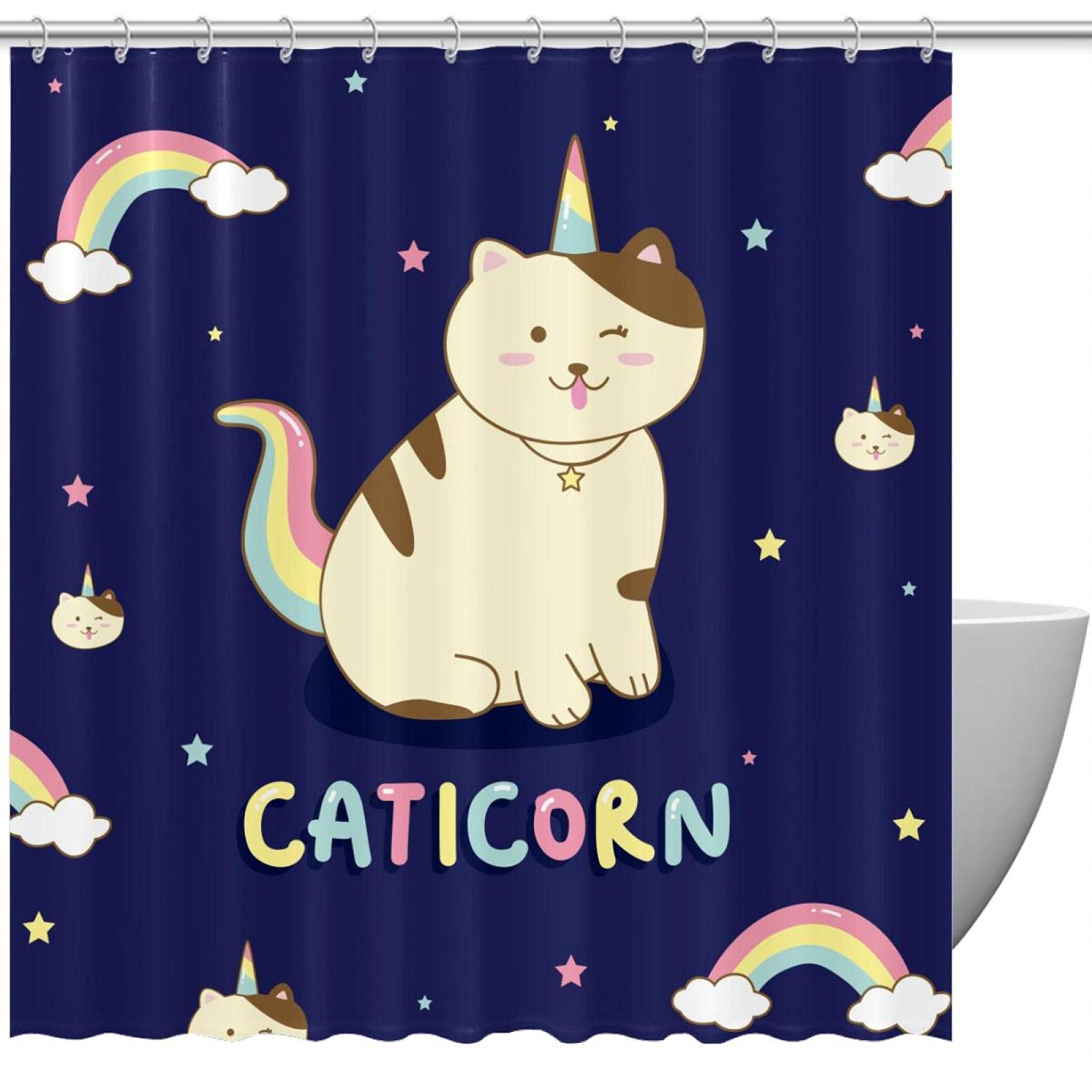Rideau de douche sans odeur chat licorne pour éviter l'eau au sol