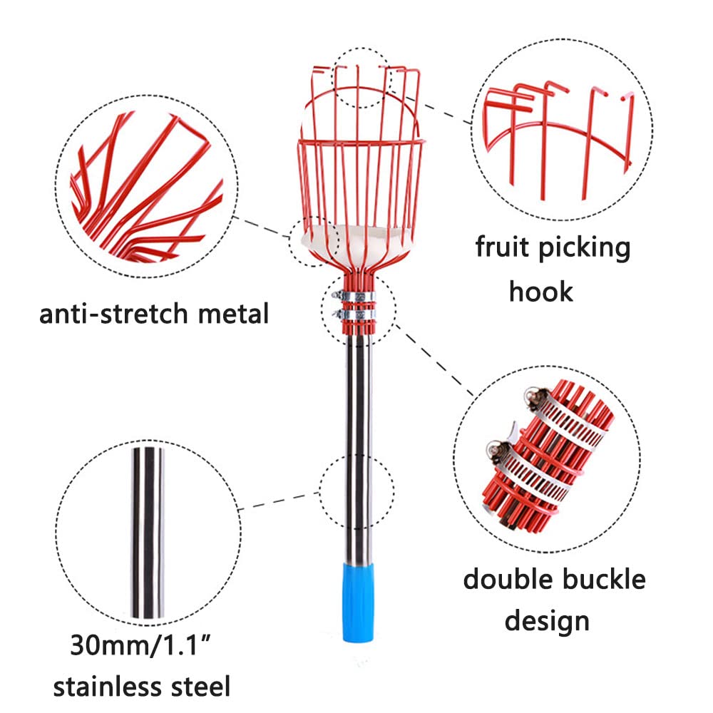 Recolector de Frutas, 3.6M Poste Recolector de Frutas con Cesta Herramienta para Recoger Naranjas de Manzana Selecciones de Jardinería con Poste de Conexión de Acero Inoxidable Ligero