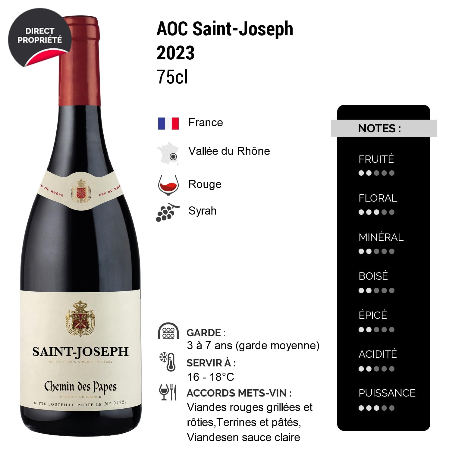Saint-Joseph - Rouge 2023 - Chemin des Papes - Vin Rouge de la Vallée du Rhône (3x75cl)