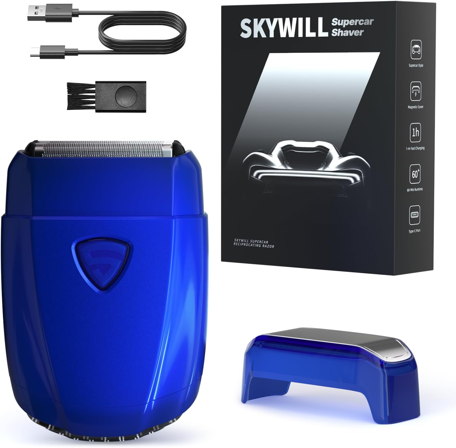 SKYWILL Electric Foil Shaver for Men, Wet & Dry Electric Shaver with 3 Floating Blades, Built-in Mirror Cap, USB-C Fast Charge, IPX7 Waterproof Portable Shaver for Travel & Home Use (Blue)