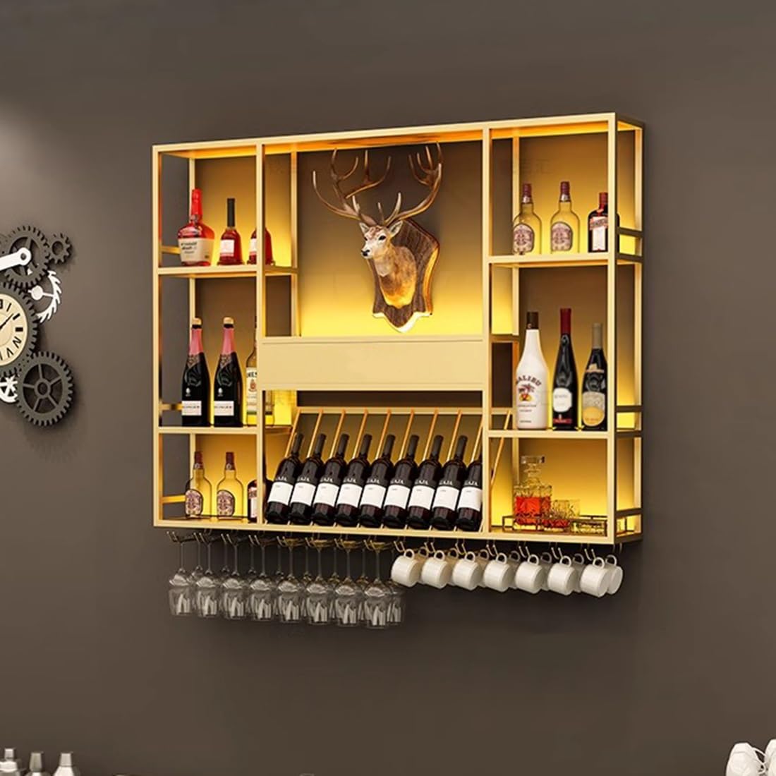 Portabottiglie Vino parete con luce LED, Cantinetta Vino angolo bar a 3 ripiani, mensole galleggianti con portabicchieri e portabottiglie, mensola espositiva, per sala da pranzo, cucina, soggiorno(Gol