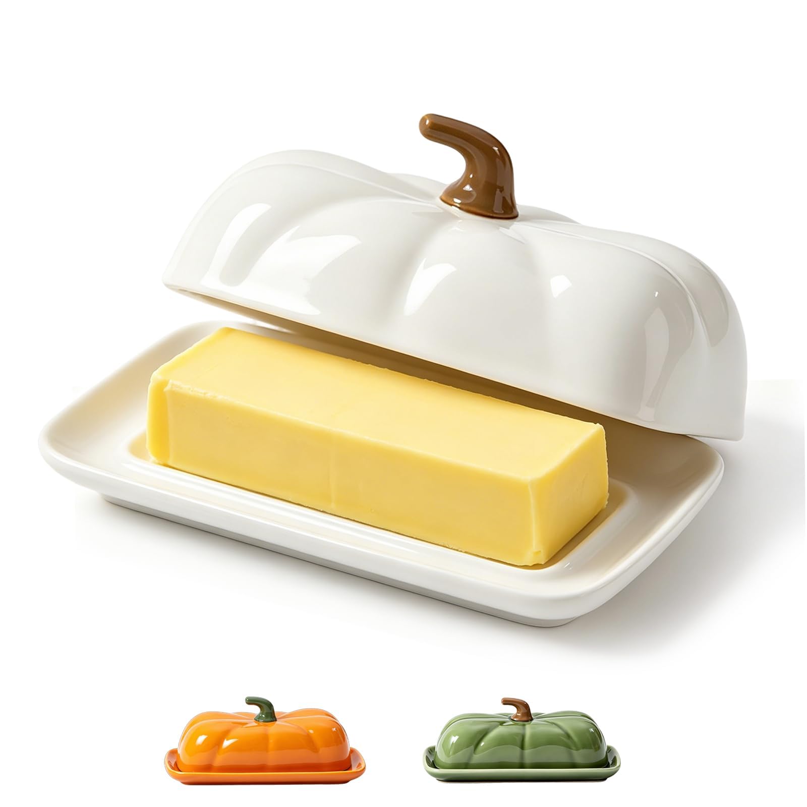 AVEKI Butter Dish with Lid for Countertop, Ceramic Cute Pumpkin Butter Container, Serving Tray with Cover, Decor Dinnerware for Halloween Thanksgiving Pumpkin Party (White-B)