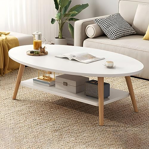 Mesa auxiliar ovalada contemporánea con estante, mesa auxiliar de madera de 47 pulgadas para apartamento, balcón y sala de estar, elegante mesa de sofá, acabado blanco, perfecta para cocta y té
