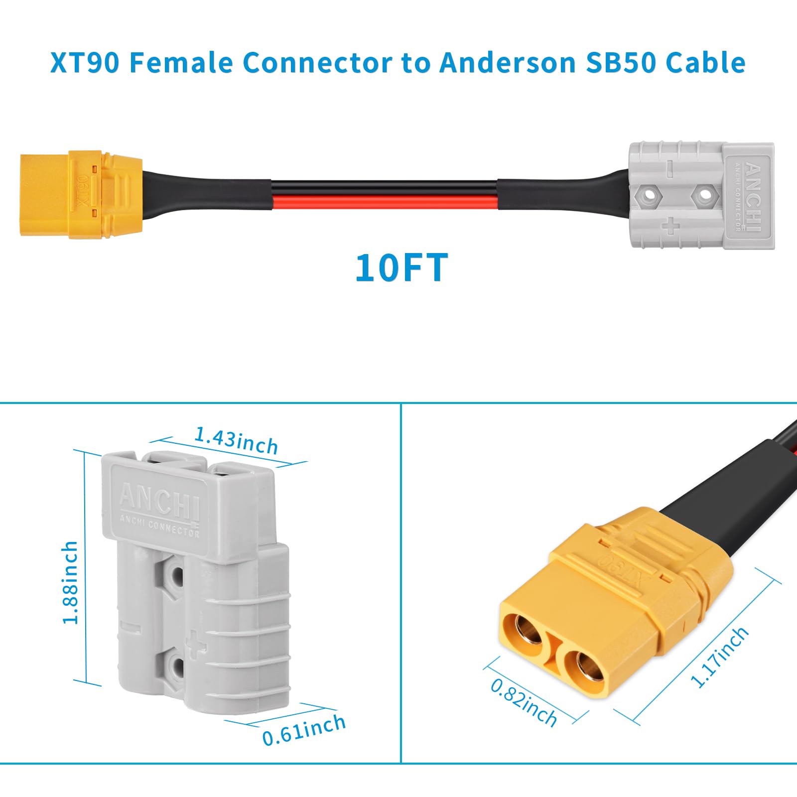 ELFCULB Anderson SB50 Cavo di Collegamento Rapido Batteria/Disconnessione a XT90 Femmina 10AWG Cavo Connettore SB50-XT90 per Trasferimento di Alimentazione Batteria per Carrelli Elevatori (3,05 m)