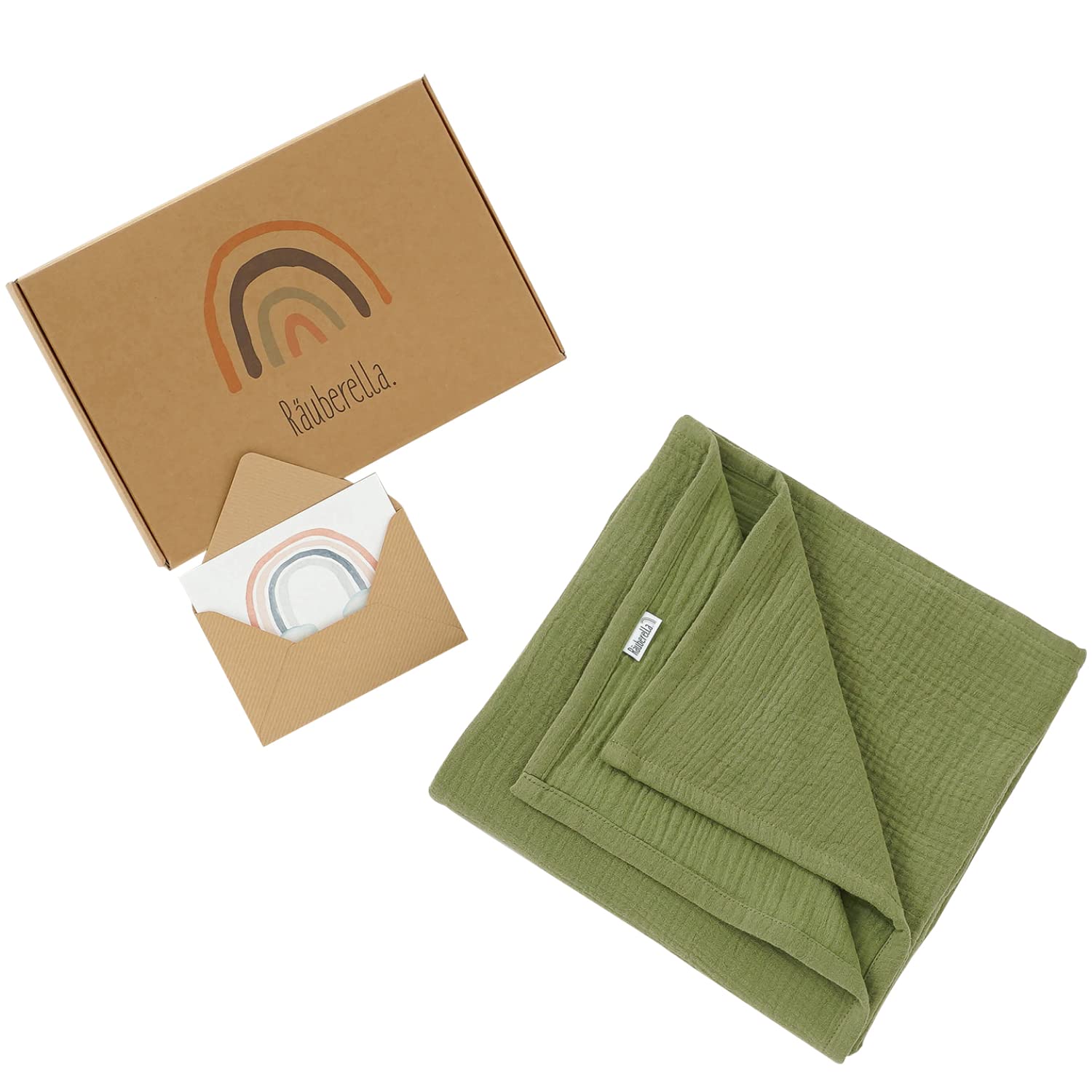 Räuberella ® Coperta originale 120 cm x 120 cm, in 100% mussola cotone biologico, regalo per la nascita per neonati (oliva)