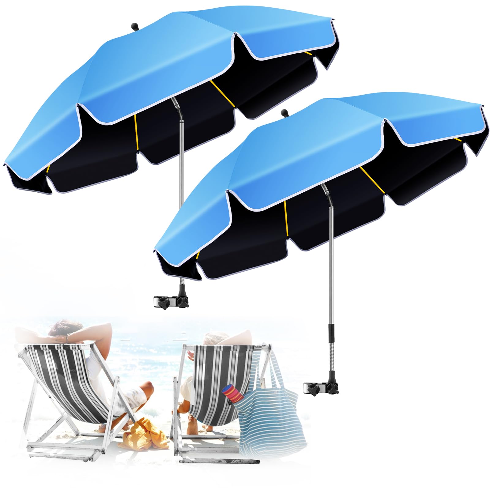 umbrella 360°adjustable protection stroller, 2 pack 48.8" beach chair umbrella with clamp, high uv protection. 3 adjustable areas 180°+360° for fishing, golf, beach, camping (chair not included)